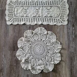2 pc Hand Made Crochet Doilies Cream Lace Wedding Farmhouse Rectangle Circle Lot